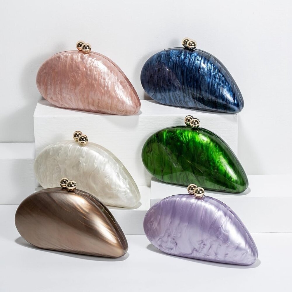 Women's Gold Acrylic Evening Clutch Glitter Marble Seashell Chain Shoulder Bag - Picture 3 of 6